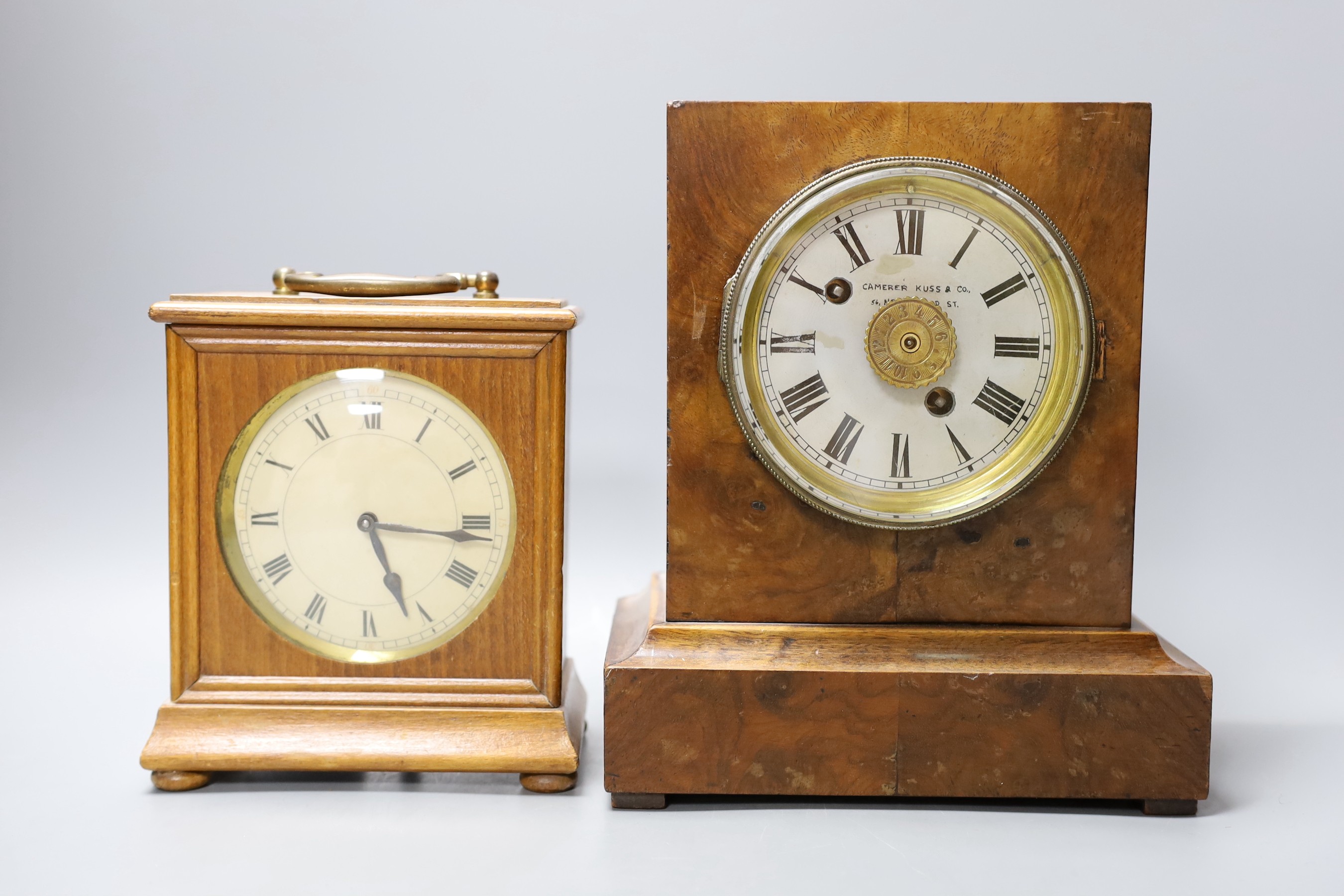 A burr walnut cased eight day mantel clock and an oak cased eight day mantel timepiece (2) tallest 23cm
